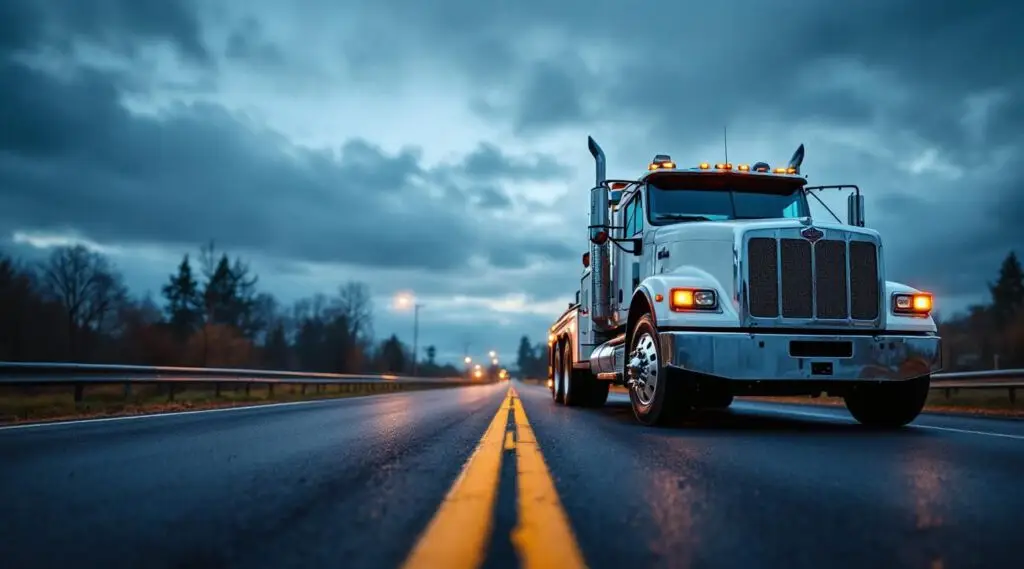 A professional flatbed truck parked safely on a Youngstown street at dusk.