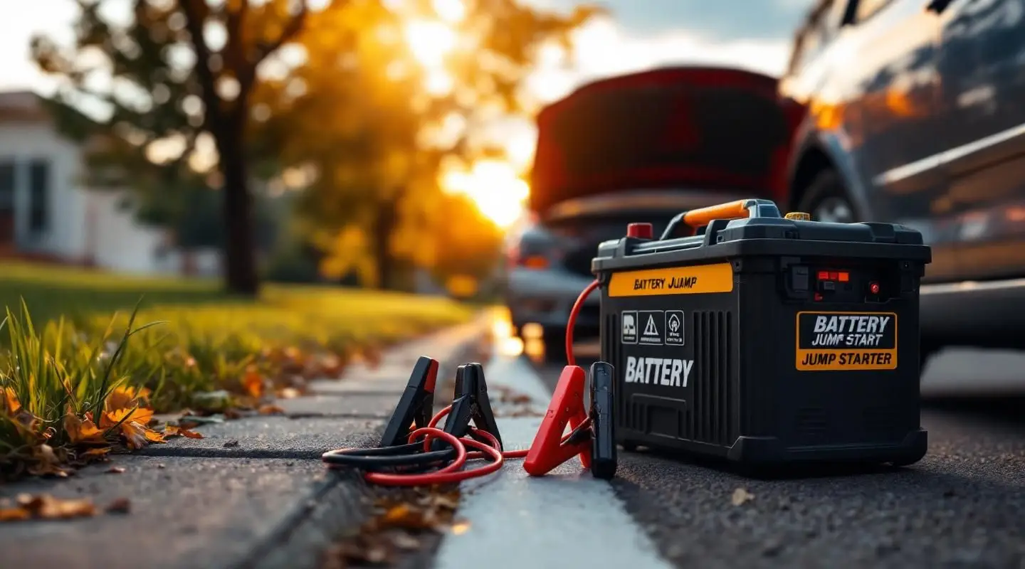 Professional Stinger's Towing technician using a portable jump pack on a car battery in a snowy Youngstown driveway.