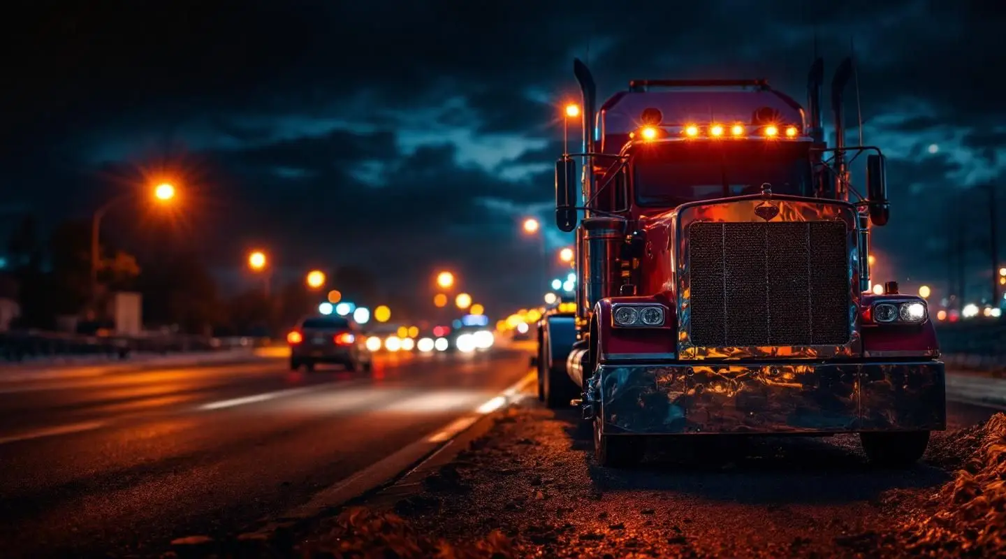 A Stinger's Towing flatbed truck with amber safety lights parked on a residential Youngstown street at night.