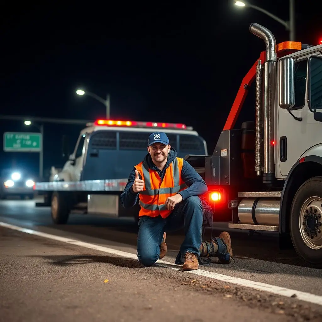 A Stinger's tow truck operator performing a winter road emergency winch-out on a snow-covered Campbell side street.