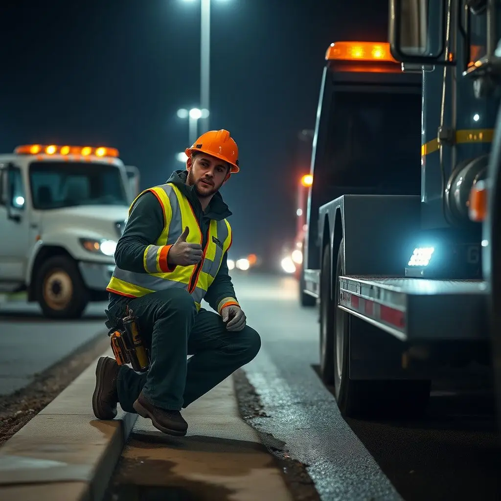 A Stinger's Towing truck with its yellow safety lights illuminating a dark road in Cortland during a late-night service call.